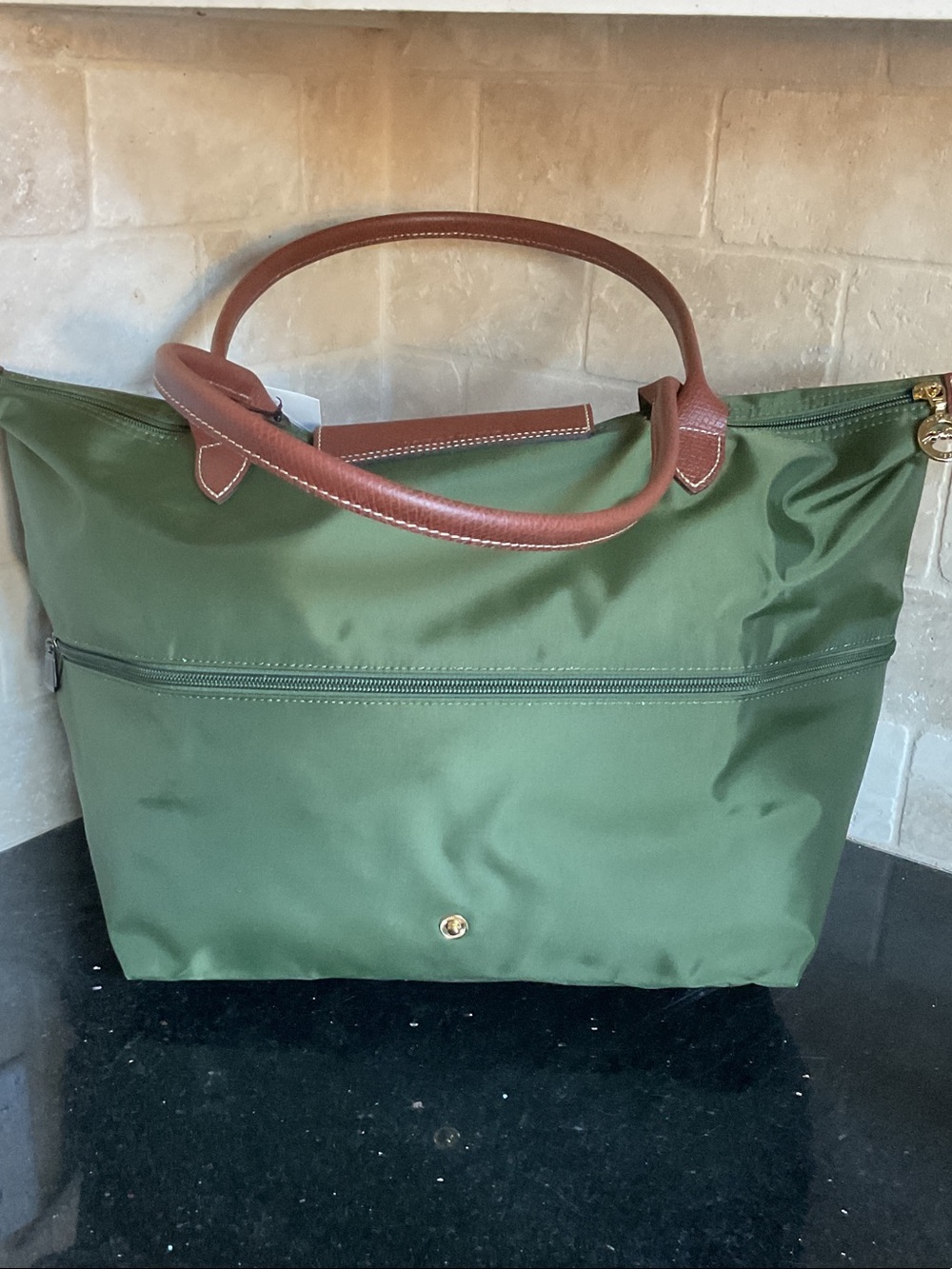 Longchamp Olive Nylon Tote with Brown Leather Trim - Picture 4 of 11